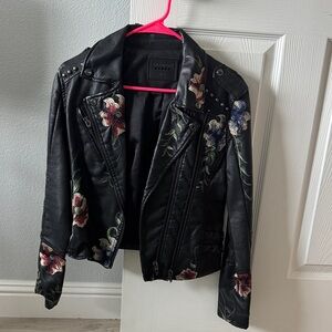 Blank NYC Black Leather Jacket with Floral Embroidery